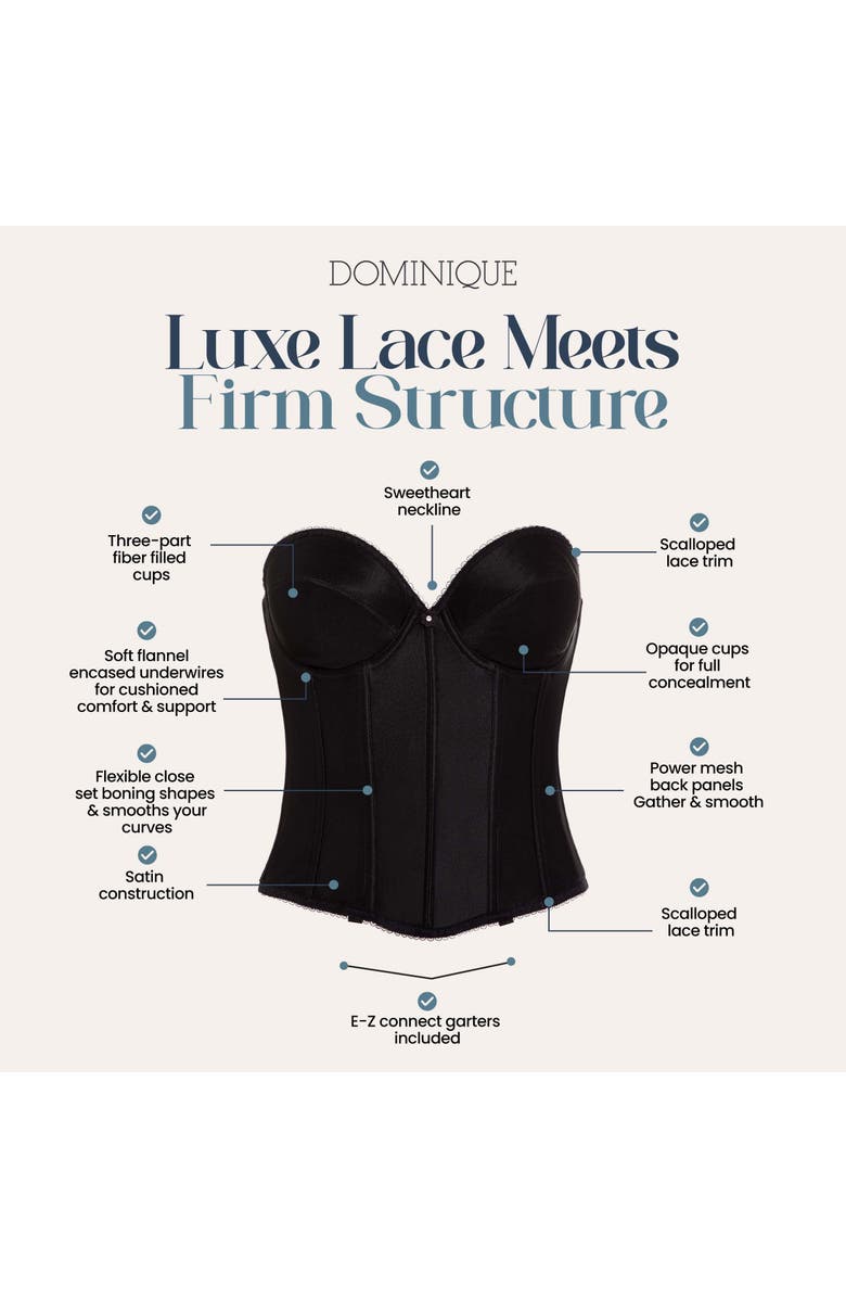 Dominique Intimates Rachelle Strapless Low Back Satin Longline Bridal Bra, Alternate, color, Black