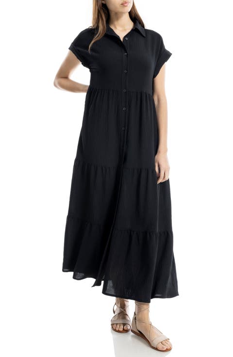 Short Sleeve Tiered Maxi Shirtdress