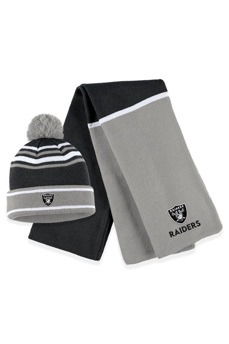 Women's WEAR by Erin Andrews Black Las Vegas Raiders Colorblock Cuffed Knit Hat with Pom and Scarf Set, Main, color, Black