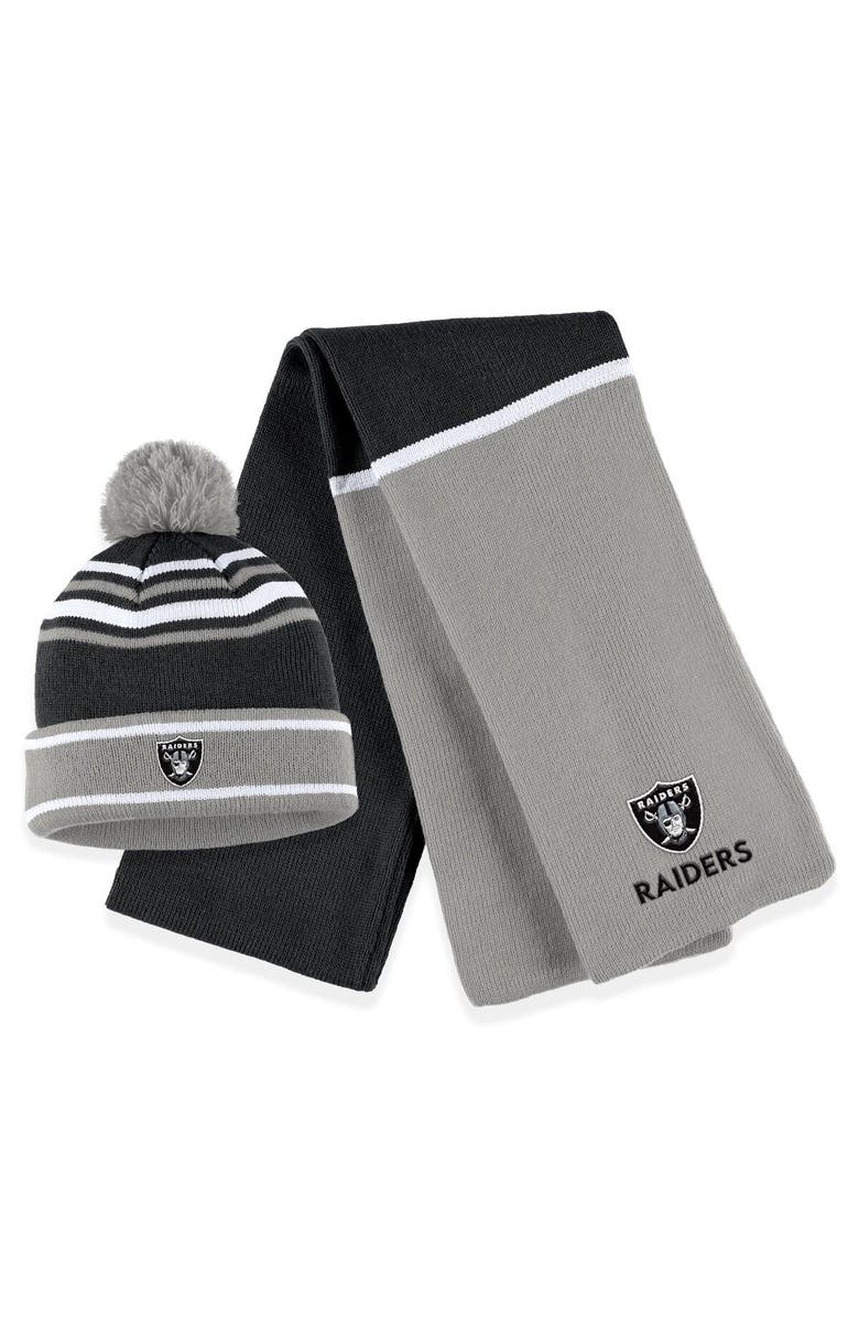 WEAR by Erin Andrews Women's WEAR by Erin Andrews Black Las Vegas Raiders Colorblock Cuffed Knit Hat with Pom and Scarf Set, Main, color, Black