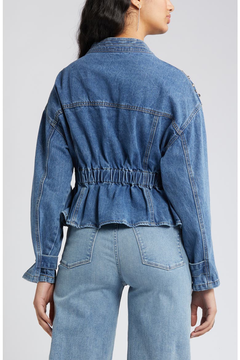 Alina Stud Peplum Denim Jacket, Alternate, color, BLUE