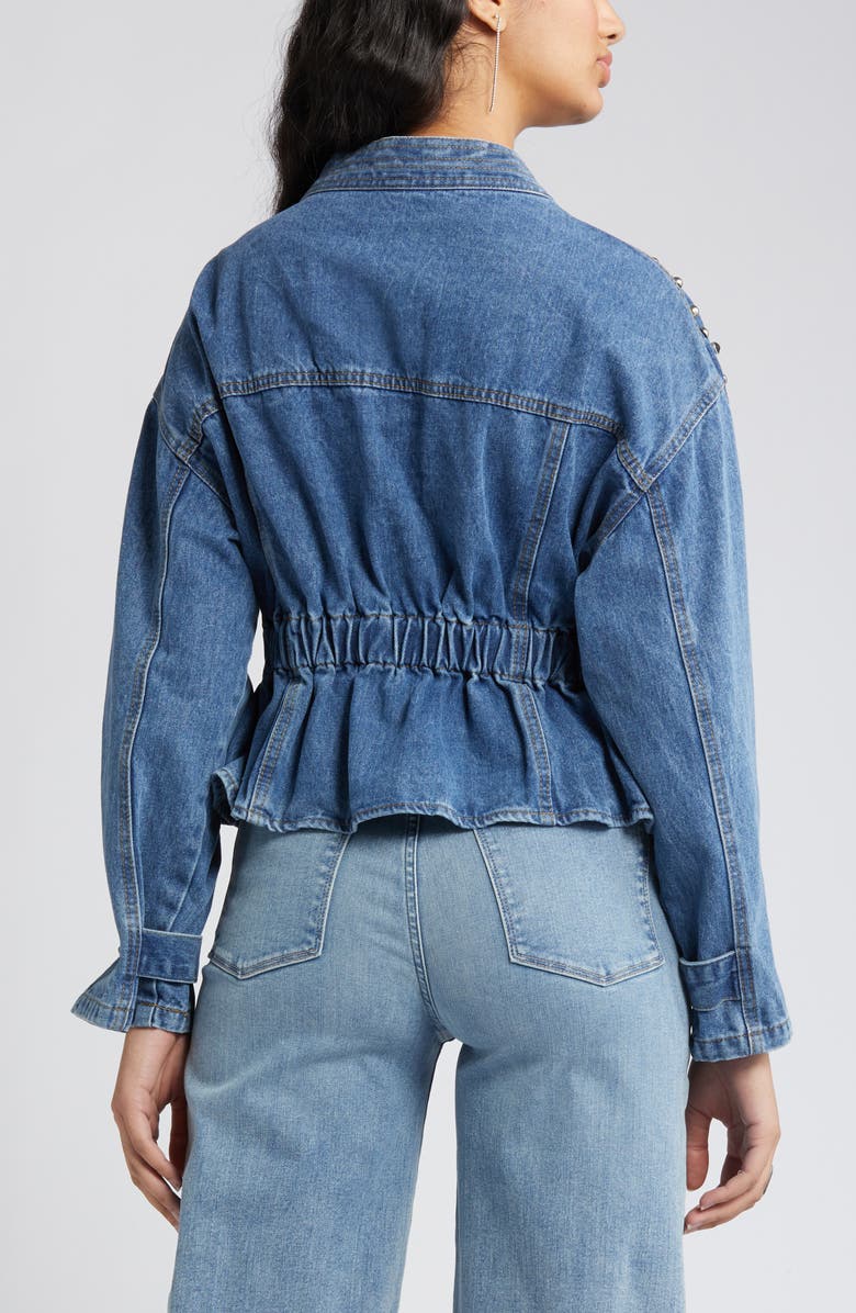 NIKKI LUND Alina Stud Peplum Denim Jacket, Alternate, color, Blue