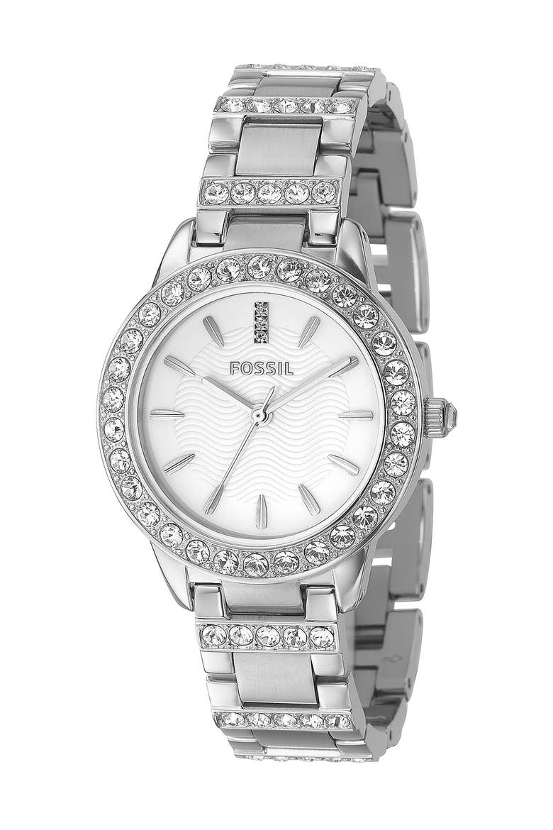 'Jesse' Crystal Embellished Bracelet Watch, 34mm, Main, color, SILVER