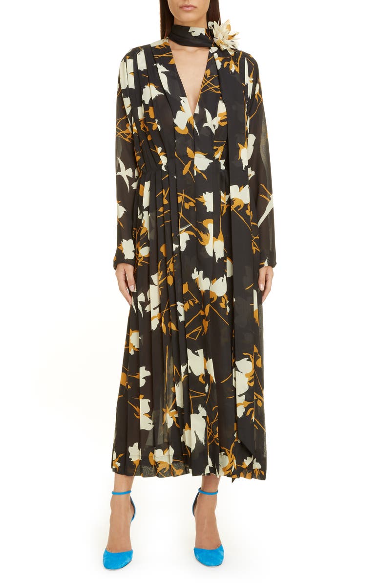 Victoria Beckham Scarf Neck Floral Long Sleeve Midi Dress, Main, color,