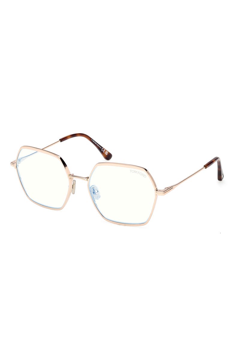 TOM FORD 56mm Geometric Blue Light Blocking Optical Glasses, Alternate, color, Rose Gold/ Blue Block Lenses