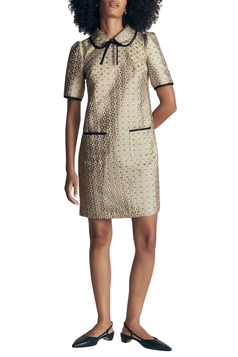 Bow Detail Jacquard Shift Dress, Main, color, GOLD JACQUARD