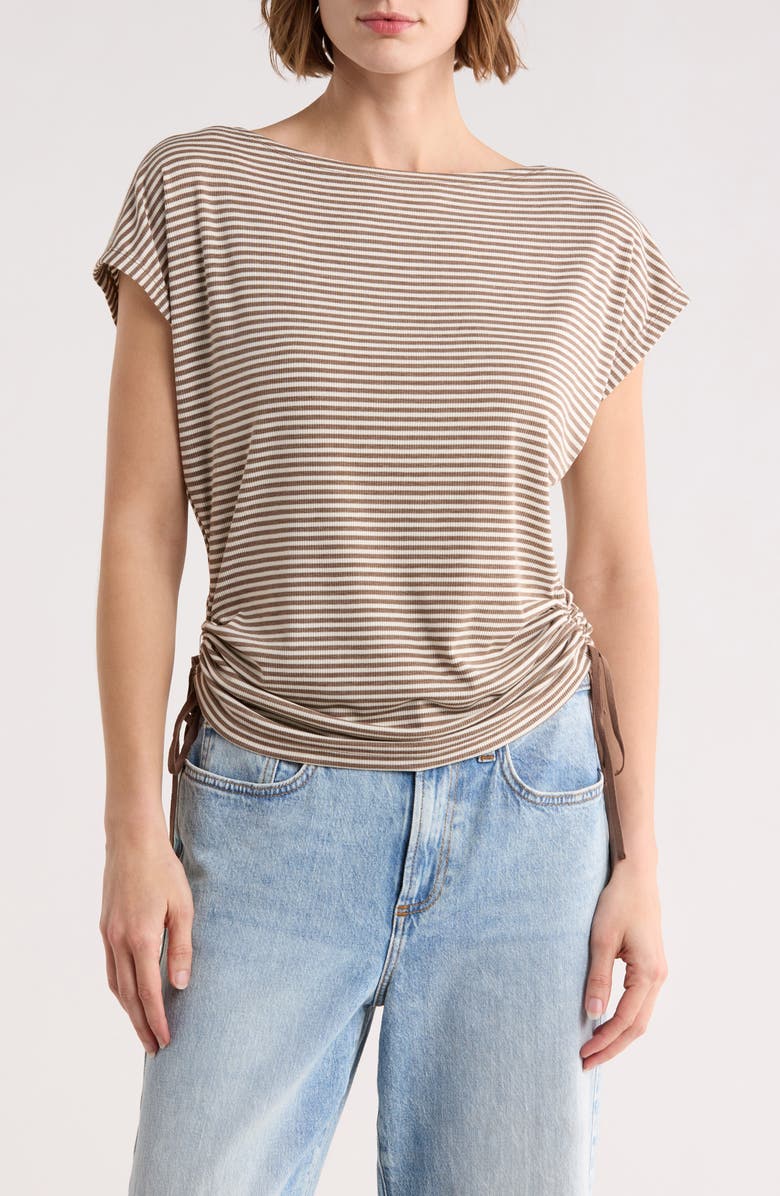 MAX STUDIO Stripe Rib Ruched T-Shirt, Main, color, Mushroom/ Ecru Stripe