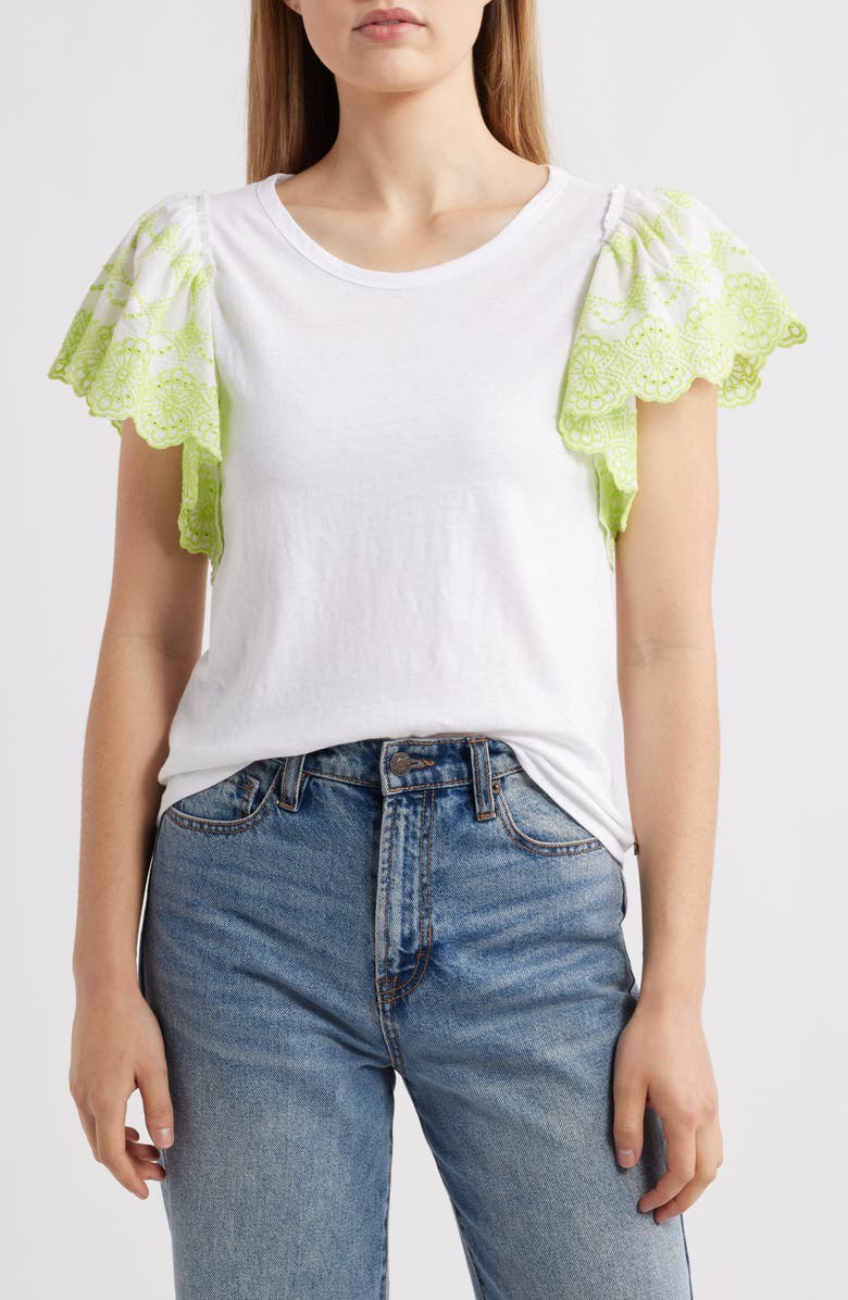 Hatley Eyelet Flutter Sleeve Cotton & Linen T-Shirt, Main, color, 