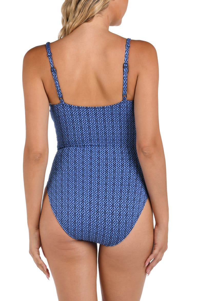 Lace-Up Back Print One-Piece Swimsuit, Alternate, color, CHAMBRAY