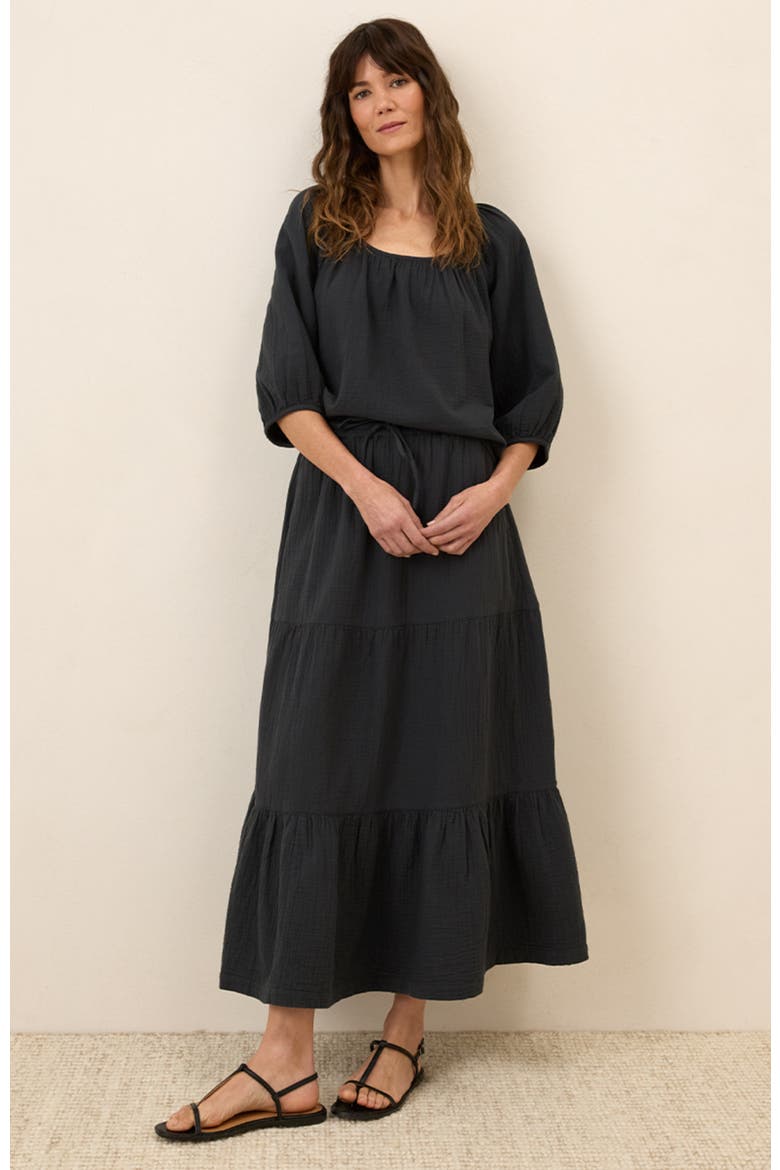 Organic Cotton Coastal Double Gauze Tiered Maxi Skirt, Alternate, color, Black