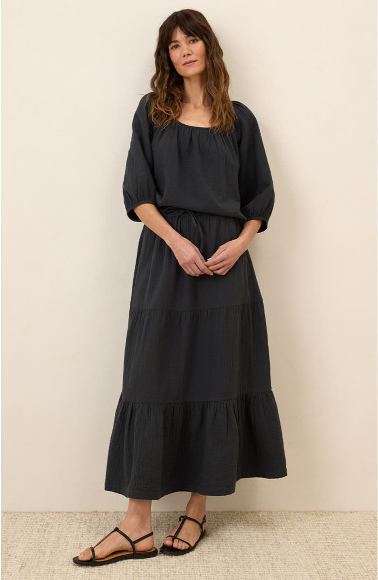 Pact Organic Cotton Coastal Double Gauze Tiered Maxi Skirt, Alternate, color, Black