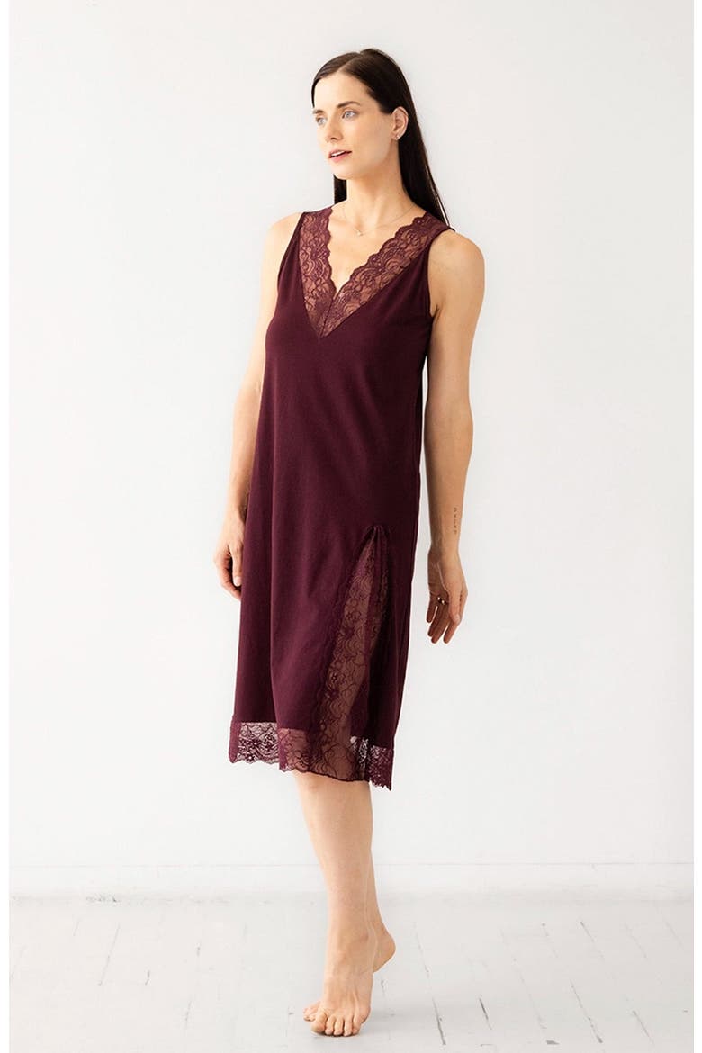 Simone Lace Trim Pima Cotton Gown, Alternate, color, Burgundy