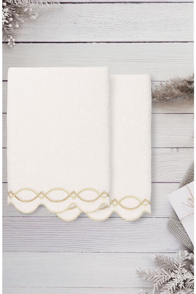 Diamond Chain Scalloped 2-Piece Bath Towel Set, Alternate, color, WHITE/ BEIGE