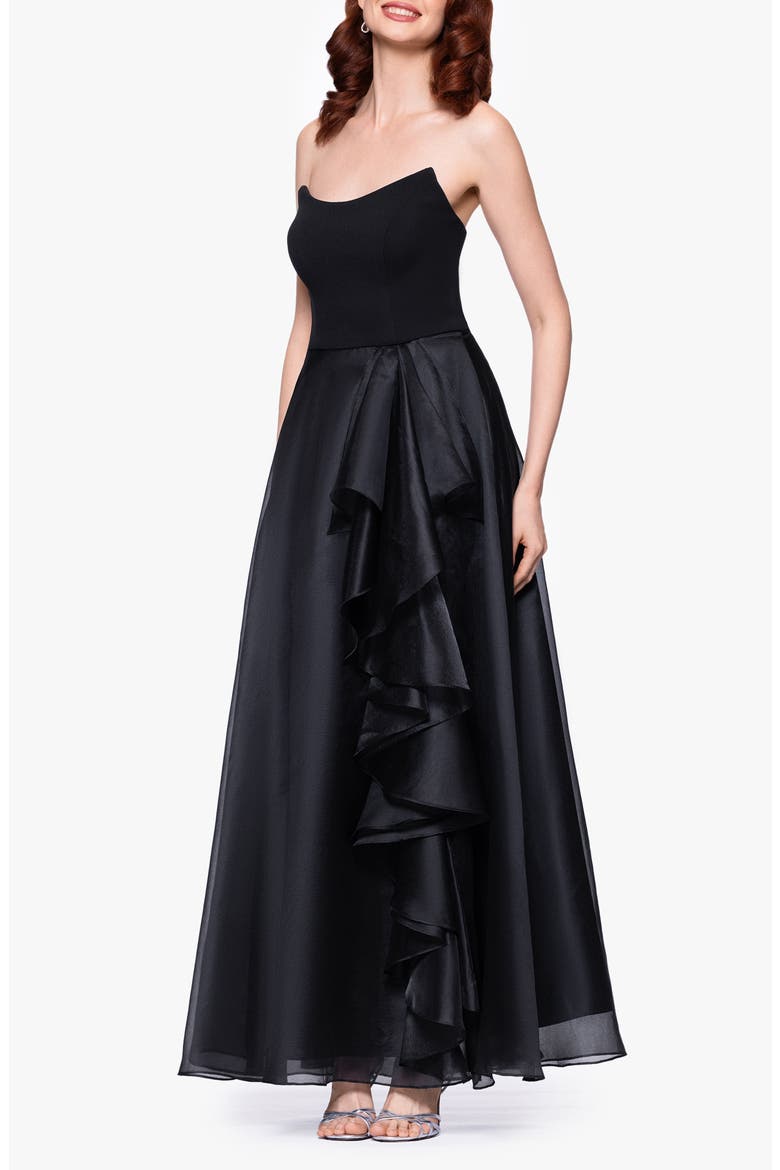 Ruffle Strapless Mixed Media Gown, Alternate, color, BLACK