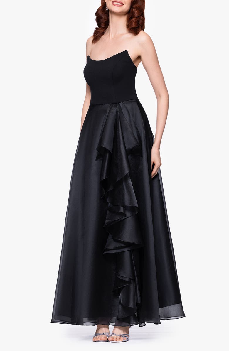 Betsy & Adam Ruffle Strapless Mixed Media Gown, Alternate, color, Black