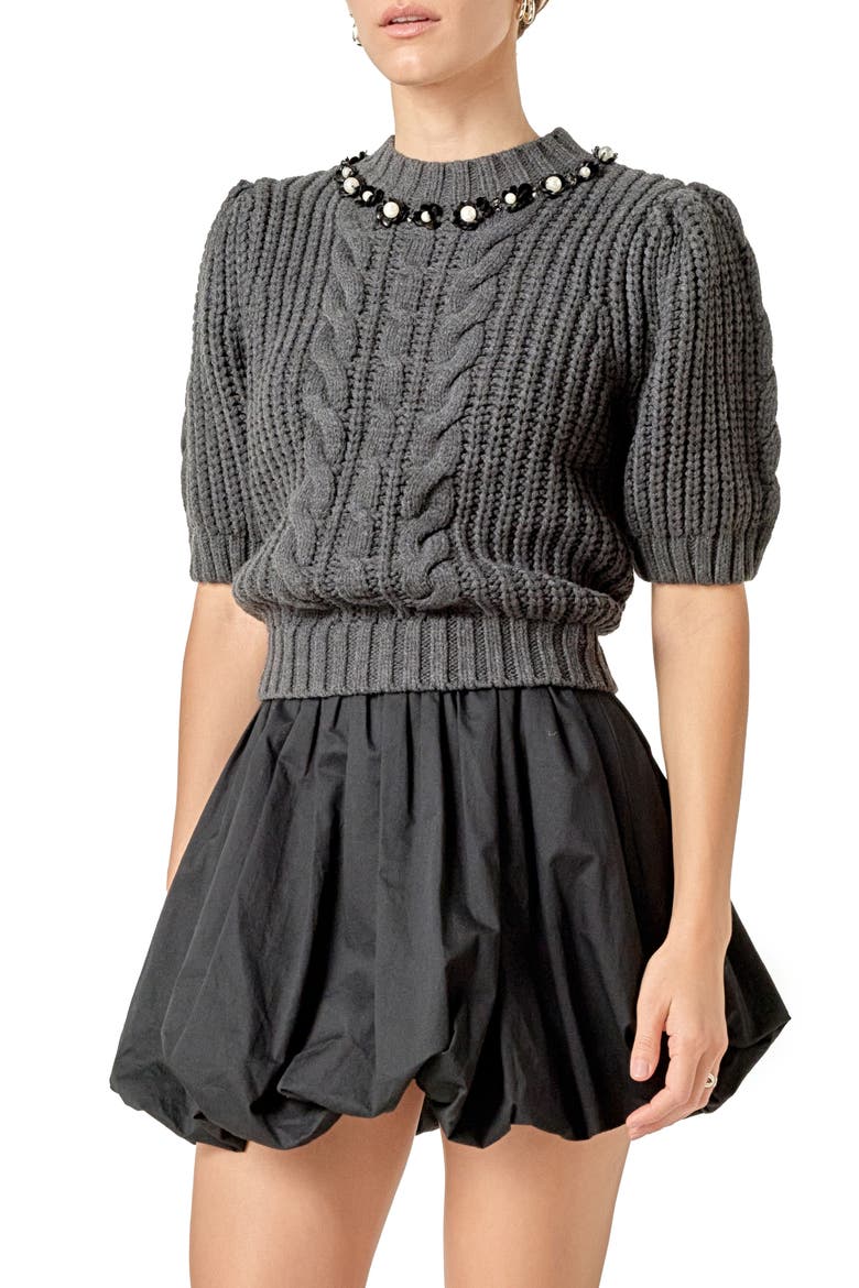 Pearly Bead Puff Sleeve Sweater, Alternate, color, CHARCOAL