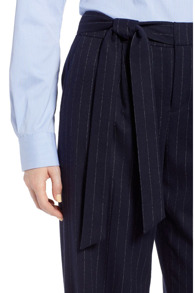 Tie Waist Wide Leg Stretch Crepe Pants, Alternate, color, NAVY CHALK STRIPE