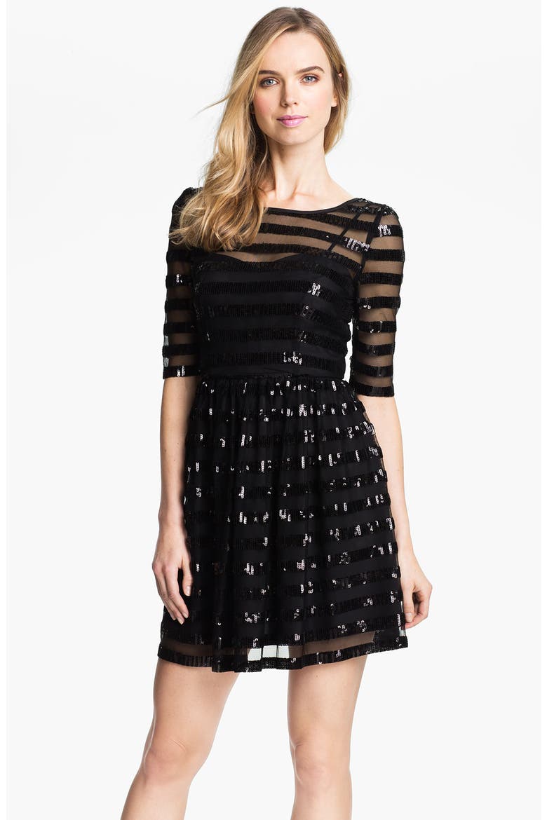 Sequin Stripe Overlay Fit & Flare Mesh Dress, Main, color, BLACK