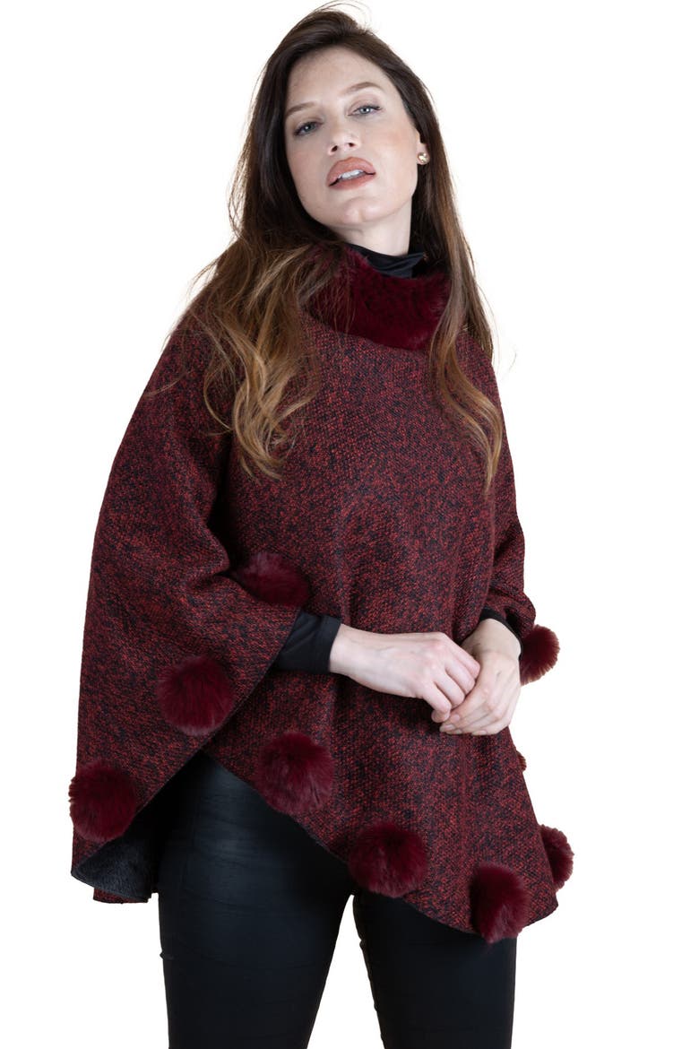 Posey Faux Fur Pompom Poncho, Alternate, color, RED