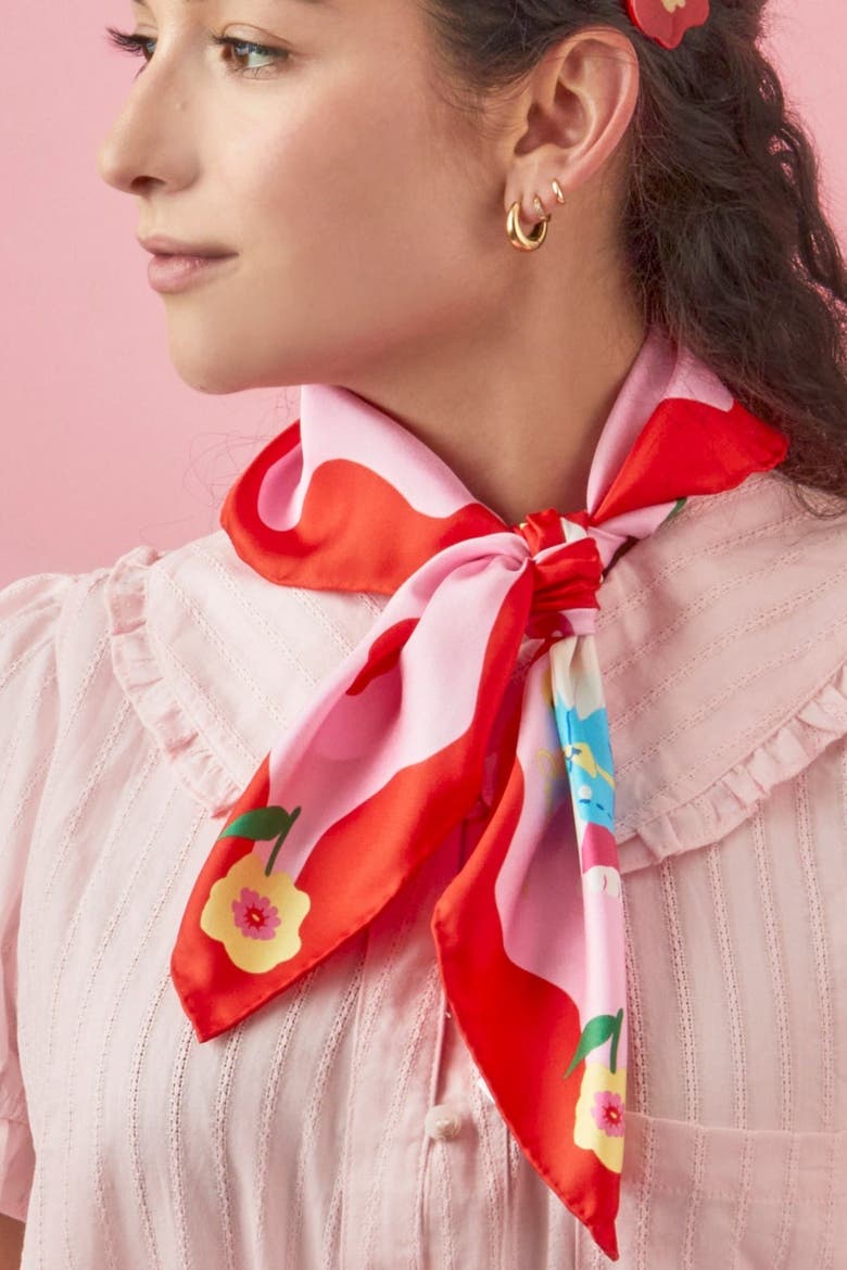 Cat Garden Gnome Silk Medium Square Scarf, Alternate, color, Pink