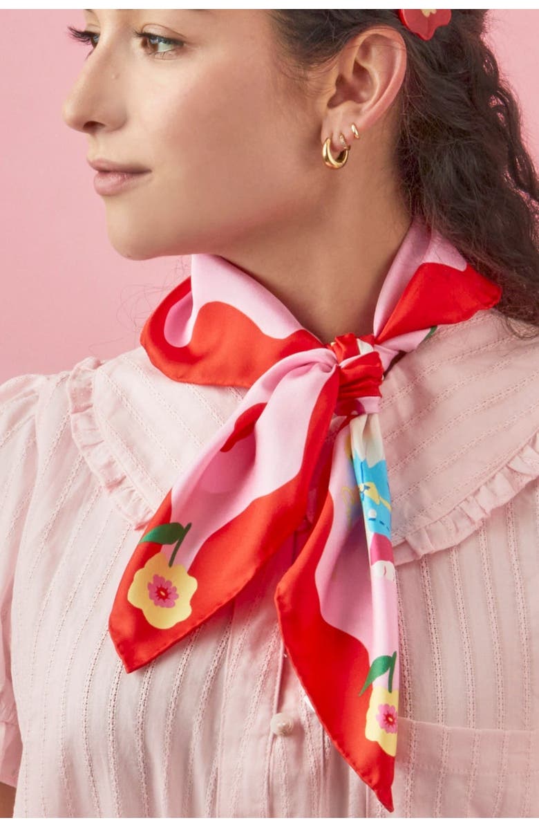 Centinelle Cat Garden Gnome Silk Medium Square Scarf, Alternate, color, Pink