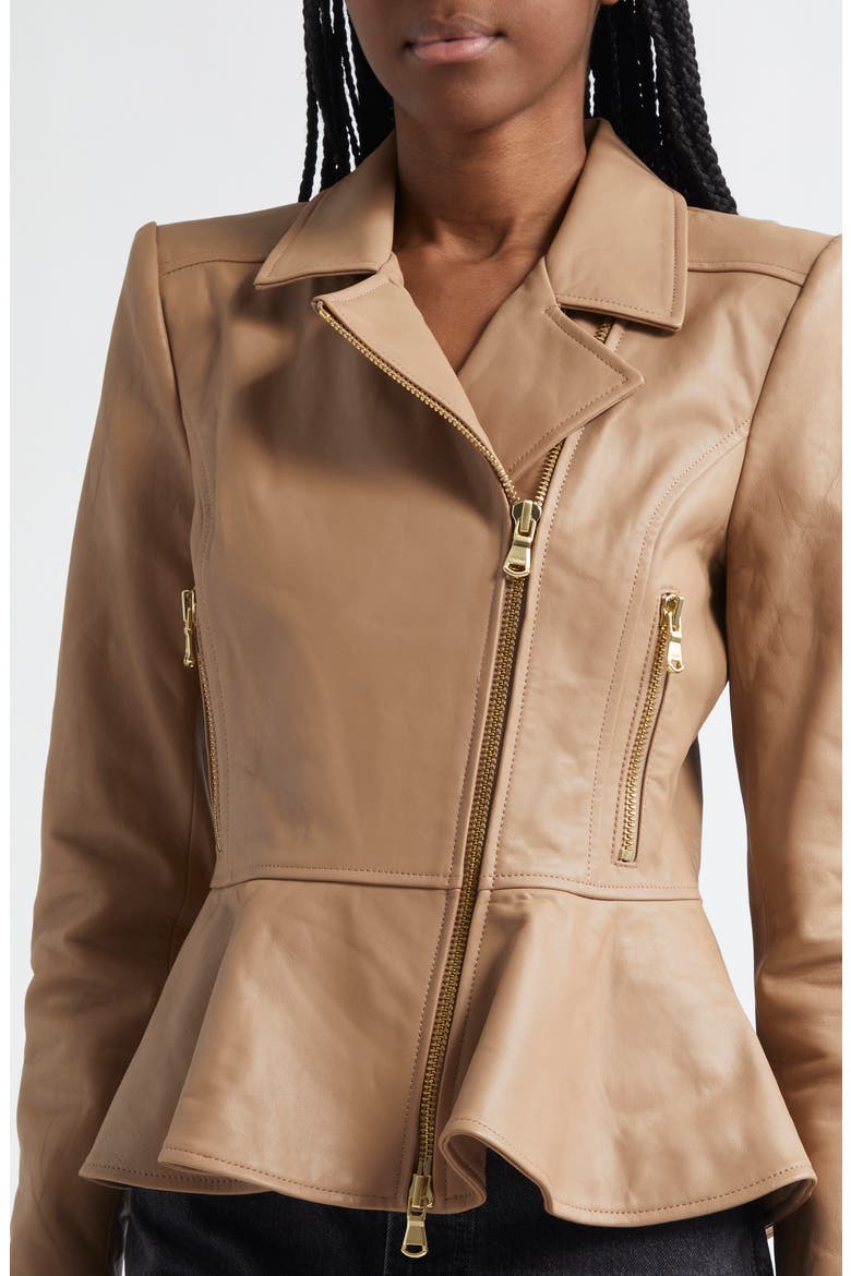 Lyric Peplum Leather Biker Jacket, Alternate, color, CAPPUCCINO