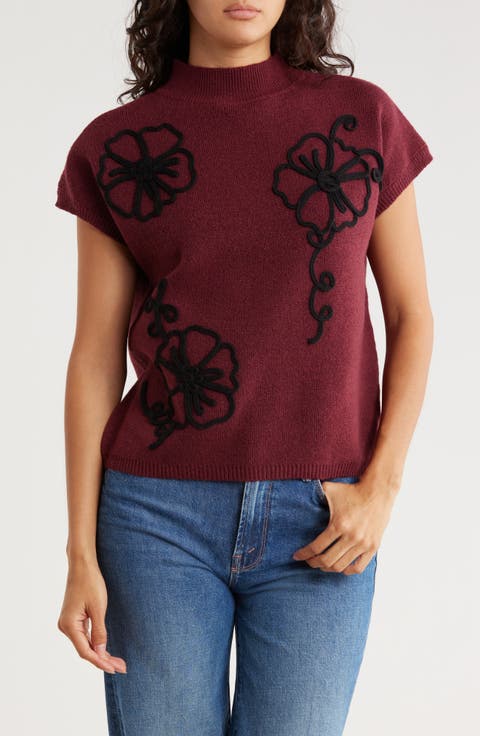 Floral Appliqué Mock Neck Sleeveless Sweater
