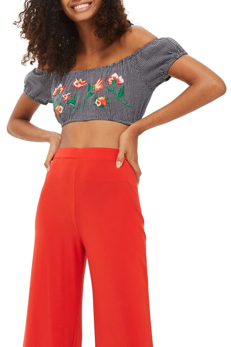 Embroidered Gingham Crop Top, Main, color, BLACK MULTI