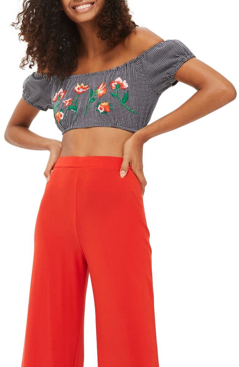 Topshop Embroidered Gingham Crop Top, Main, color,