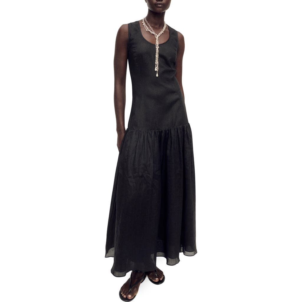 Mango Ruffle Hem Sleeveless Linen Blend Maxi Dress In Black