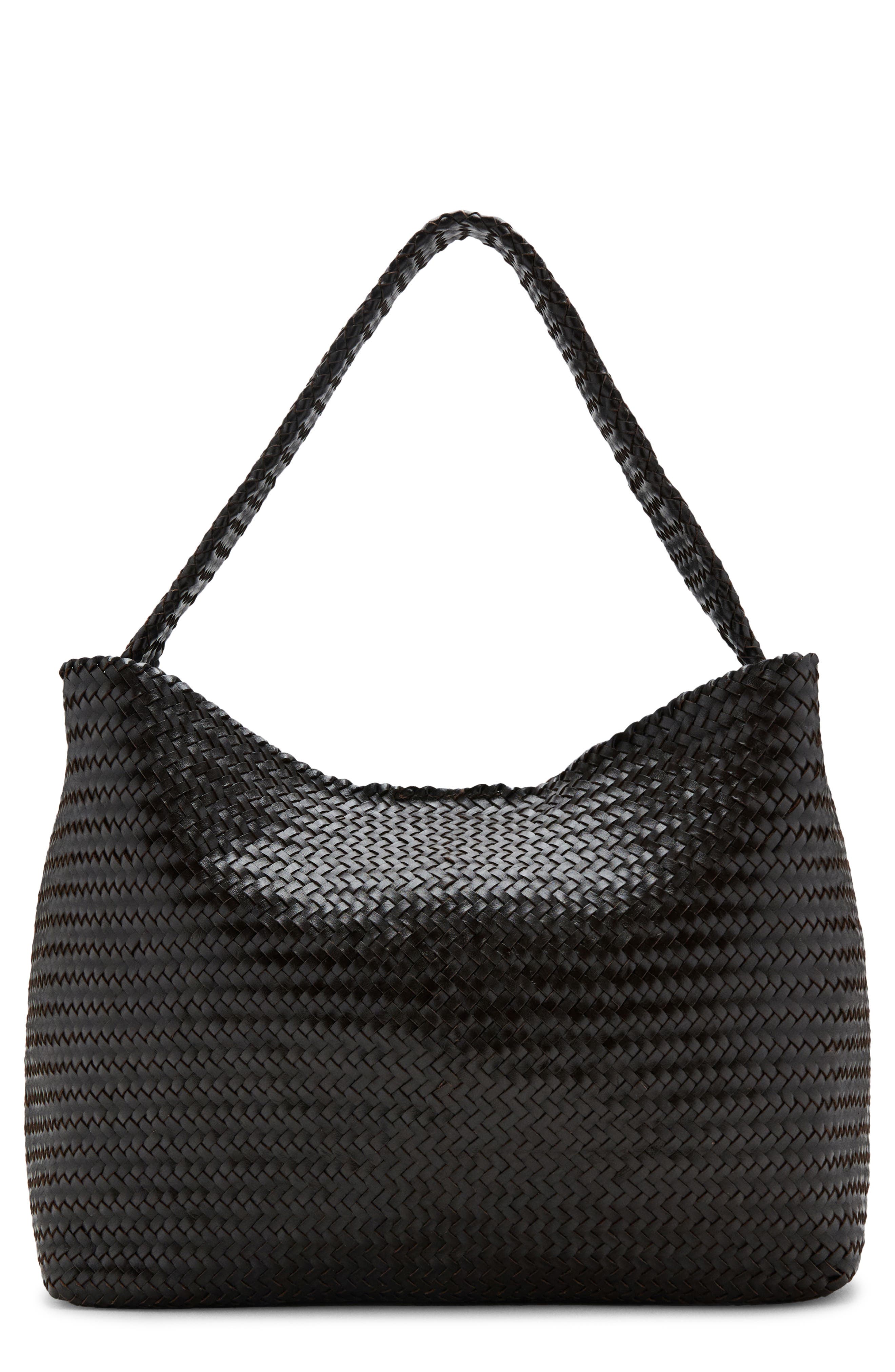 MANGO Braided Leather Bucket Bag, Main, color, Chocolate