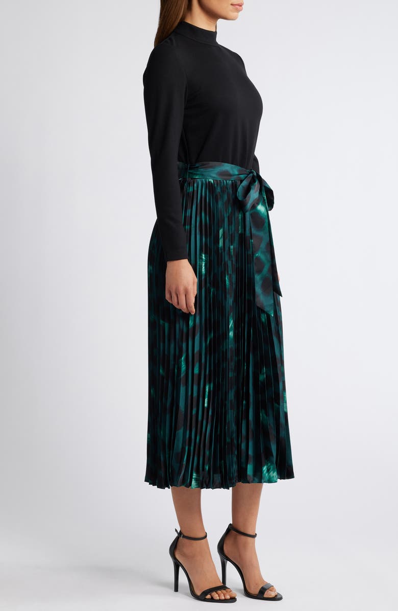 Anne Klein Pleated Tie Belt Long Sleeve Mixed Media Dress, Alternate, color,