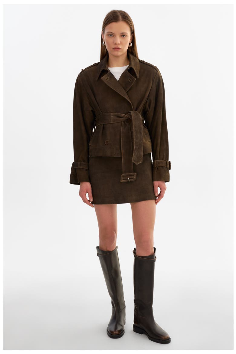 Dhana | Suede Trench Jacket, Alternate, color, Distressed Brown