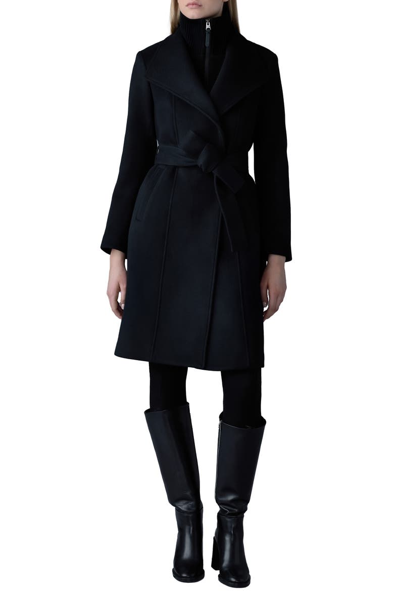 Mackage Norita Belted Double Face Wool Coat with Wool Blend Bib, Main, color, Black