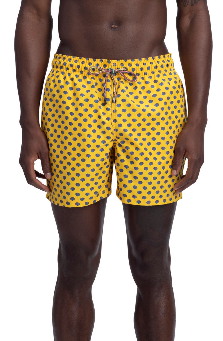 Bugatchi Seashell Print Swim Trunks, Main, color, Lemon