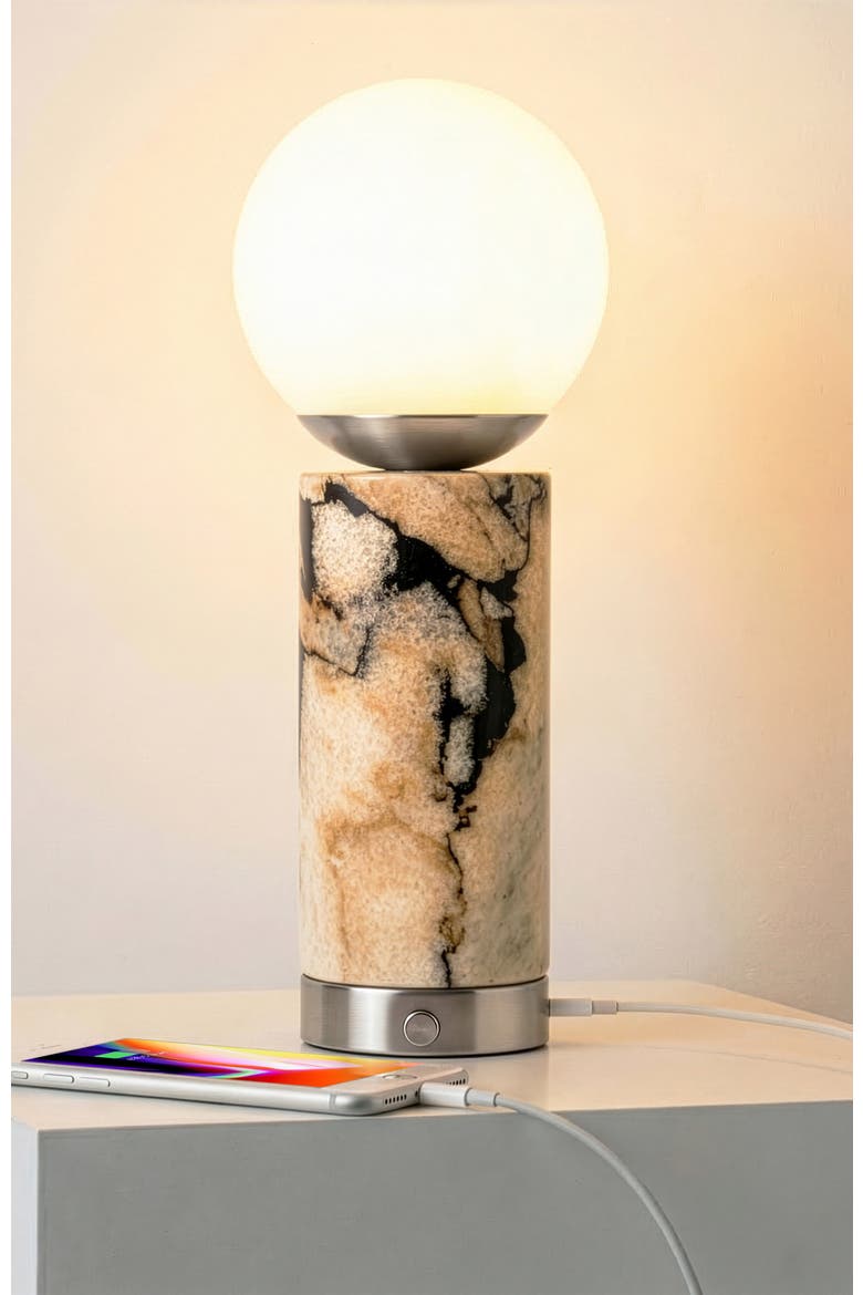 Aspen 11" Led Marble Table Lamp With Frosted Glass Globe Shade And Charging Usb Port, Alternate, color, Brushed Nickel