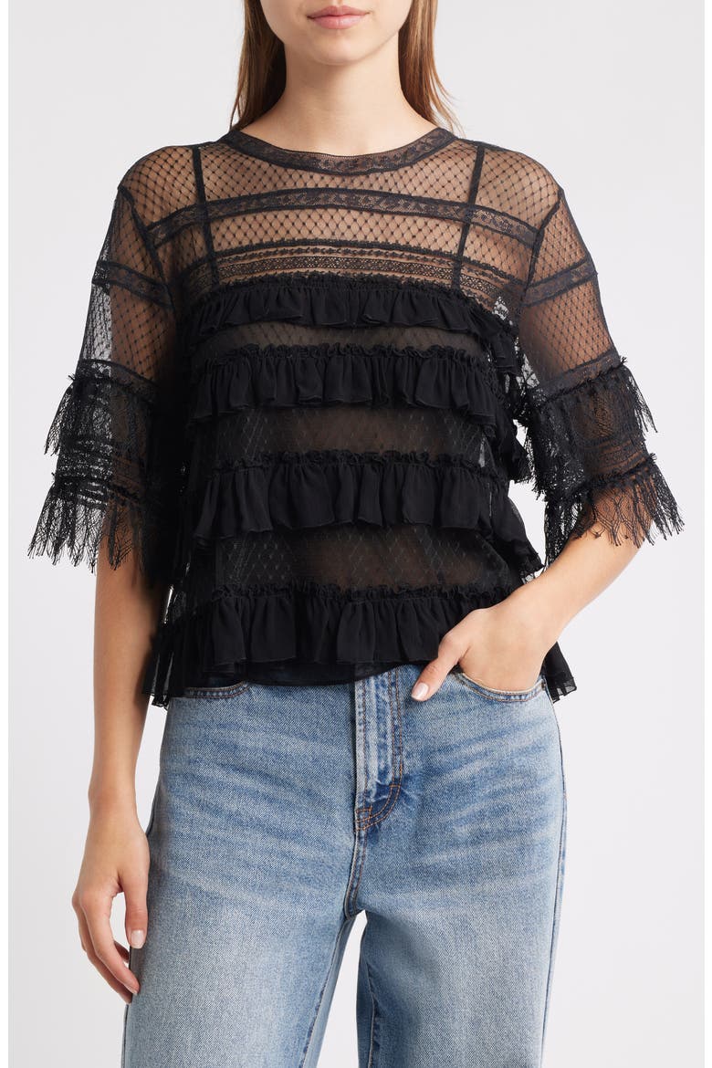 Winter Lace & Mesh Top, Main, color, BLACK