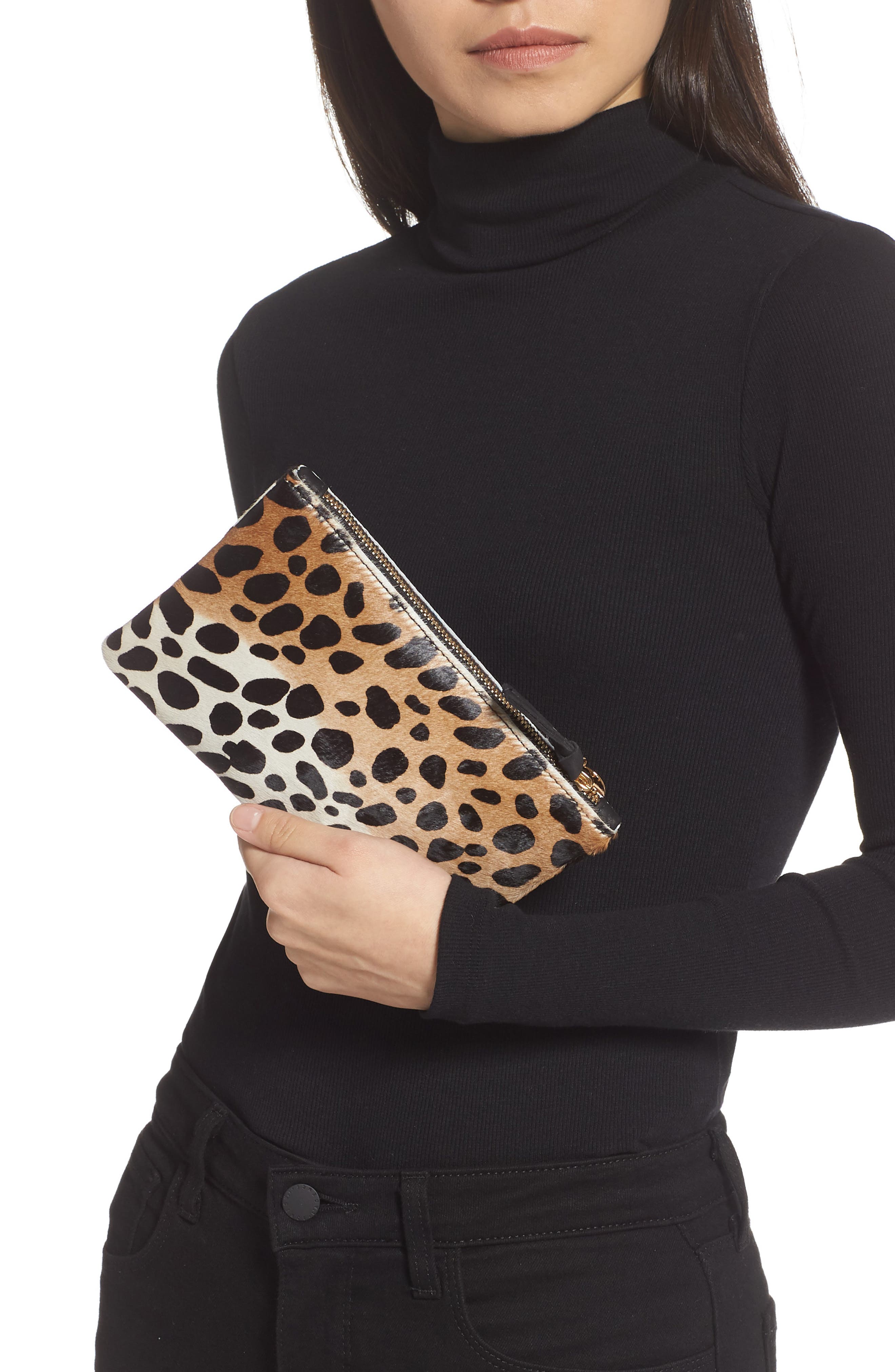 Clare V. Zip Top Genuine Calf Hair Clutch, Alternate, color, 