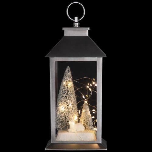 Northlight Led Lighted Polar Bear And Flocked Trees Christmas Lantern In Silver