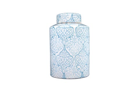 Decorative Tall Ceramic Ginger Jar with Lid, Blue and White