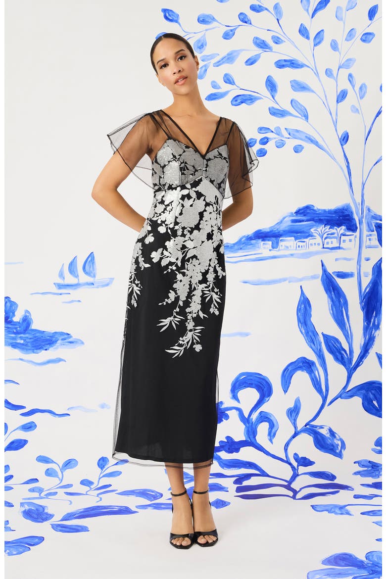 Illusion Embroidered Gown, Alternate, color, BLACK/ WHITE