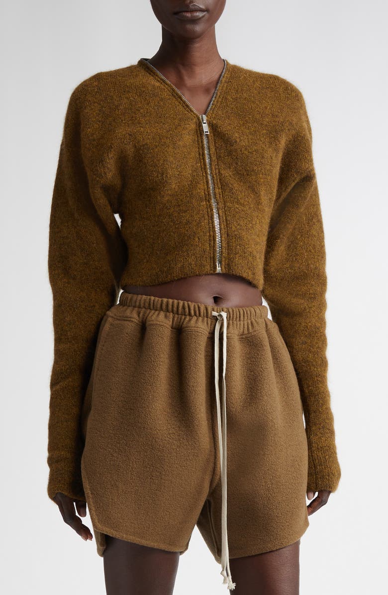 Rick Owens Zip Detail Crop Alpaca Blend Cardigan, Main, color, Honey