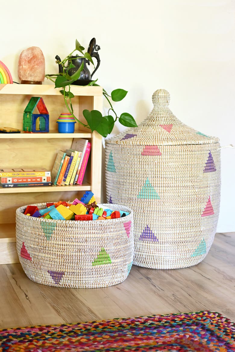 White Teranga Triangles Knitting Basket, Alternate, color, White