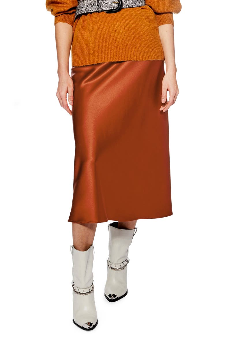 Satin Bias Midi Skirt, Main, color, RUST