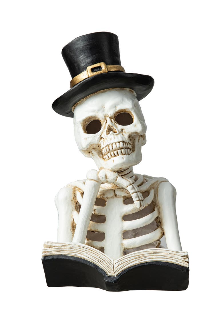 10.25"H Halloween Lighted Resin Skull Reading Book Table Decor, Alternate, color, White