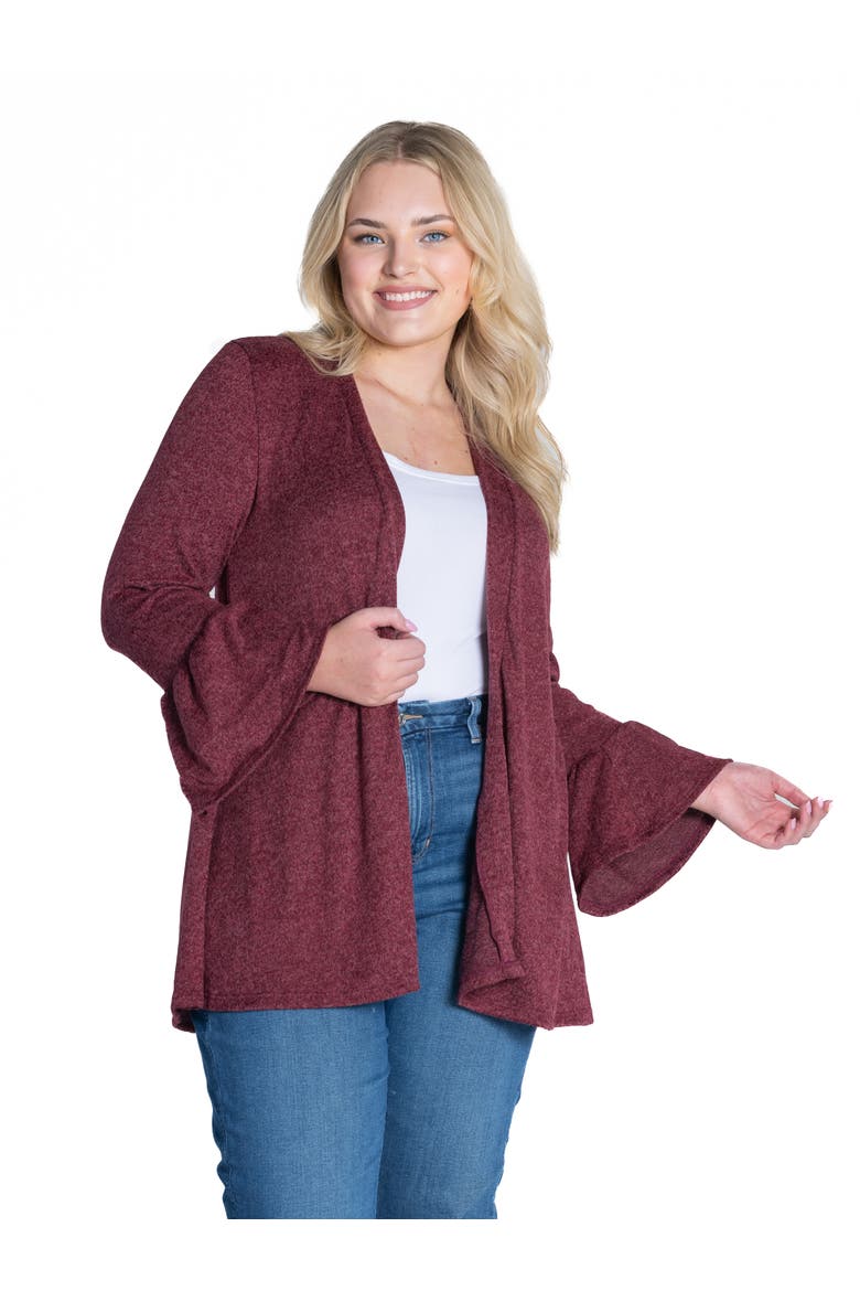 Plus Size Knit Three Quarter Bell Sleeve Open Cardigan, Main, color, Wine