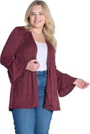 24seven Comfort Apparel Plus Size Knit Three Quarter Bell Sleeve Open Cardigan