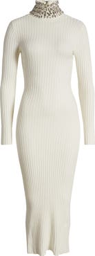 bebe Crystal Neck Long Sleeve Rib Midi Dress