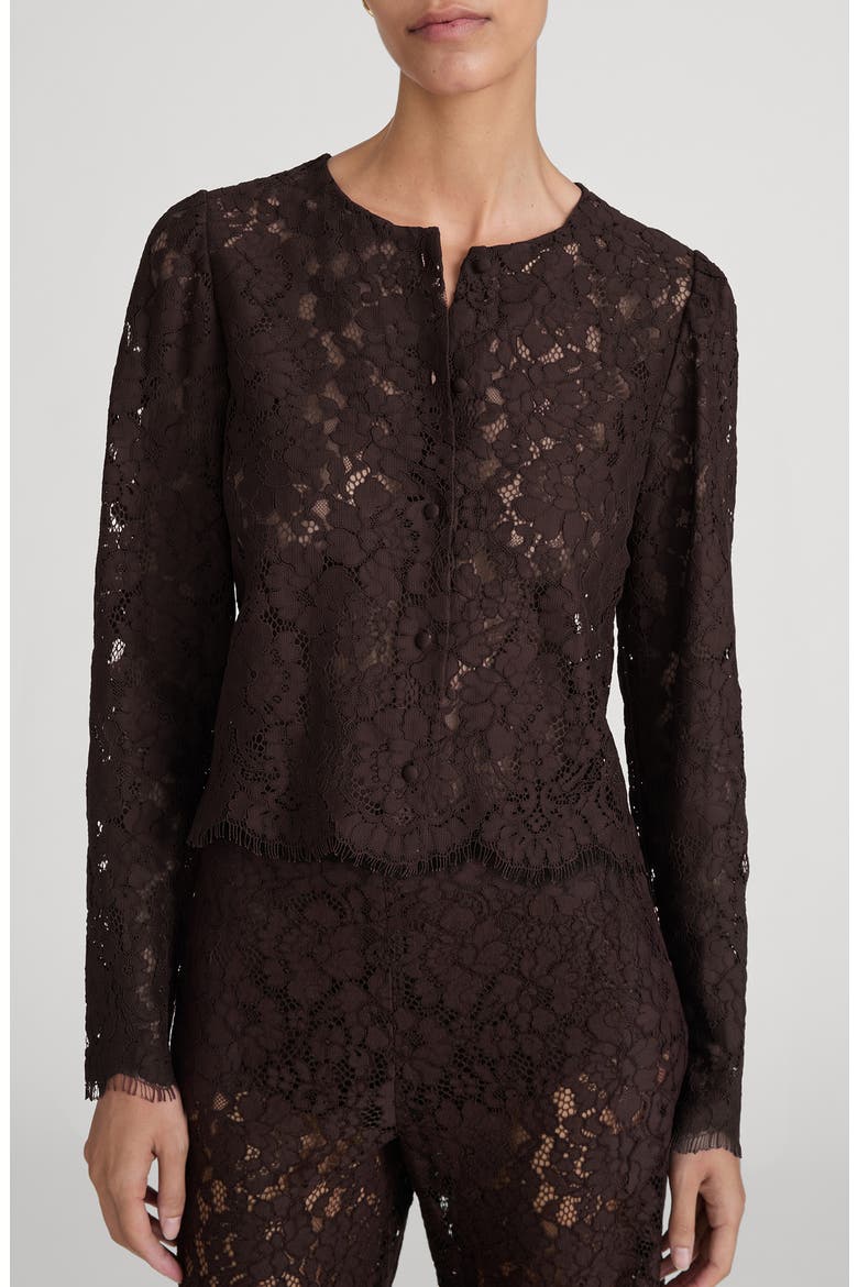 Sheer Crop Organic Cotton Blend Eyelash Lace Button-Up Shirt, Main, color, DEEP RUBY