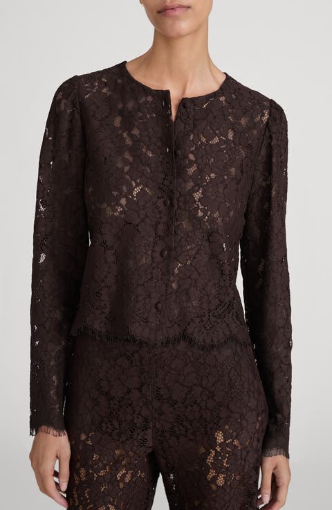Sheer Crop Organic Cotton Blend Eyelash Lace Button-Up Shirt